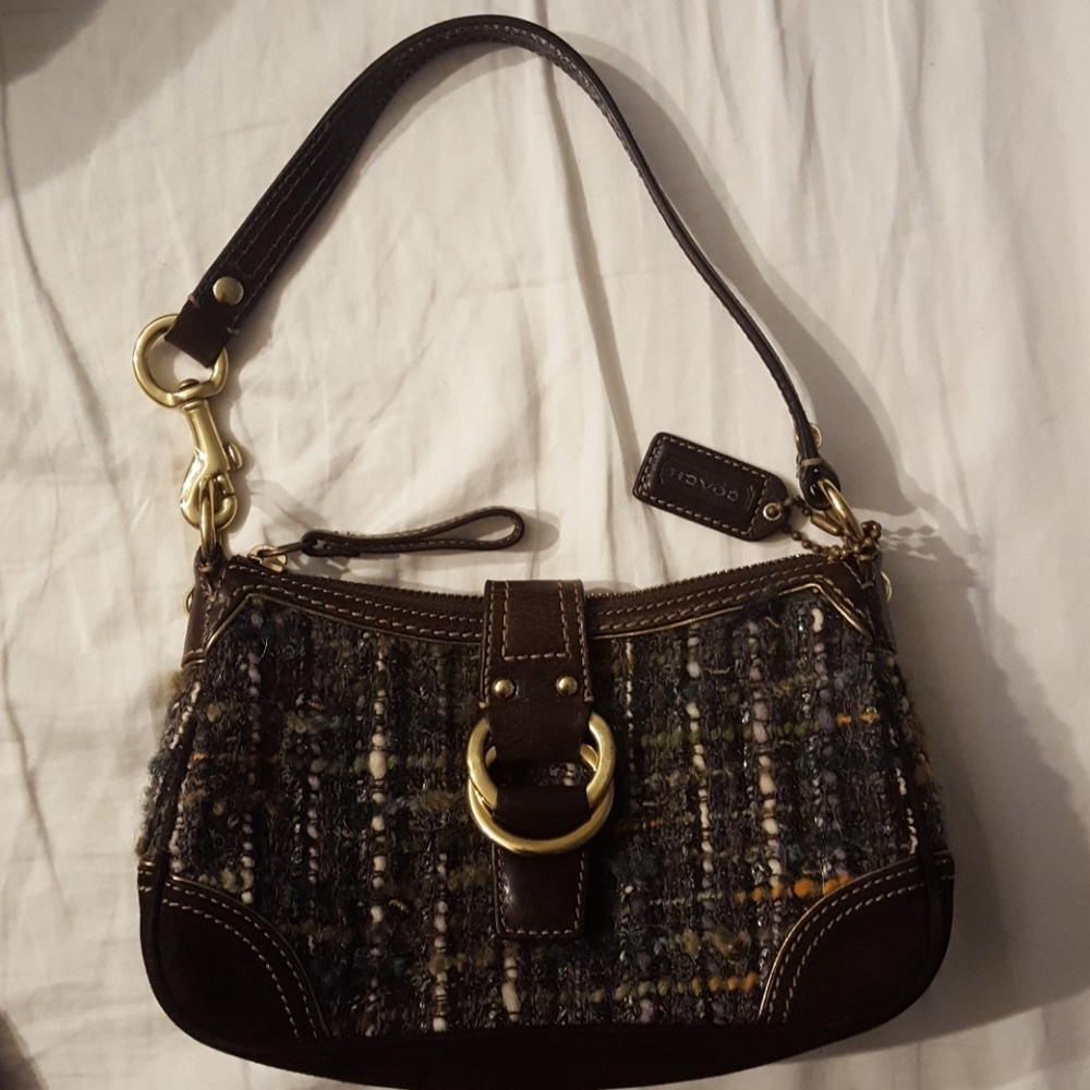 Coach green knit tweed leather hobo purse